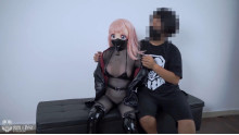黒い紗+ビキニ+着ぐるみ+拘束皮衣+驷馬縛り+多層呼吸抑制

